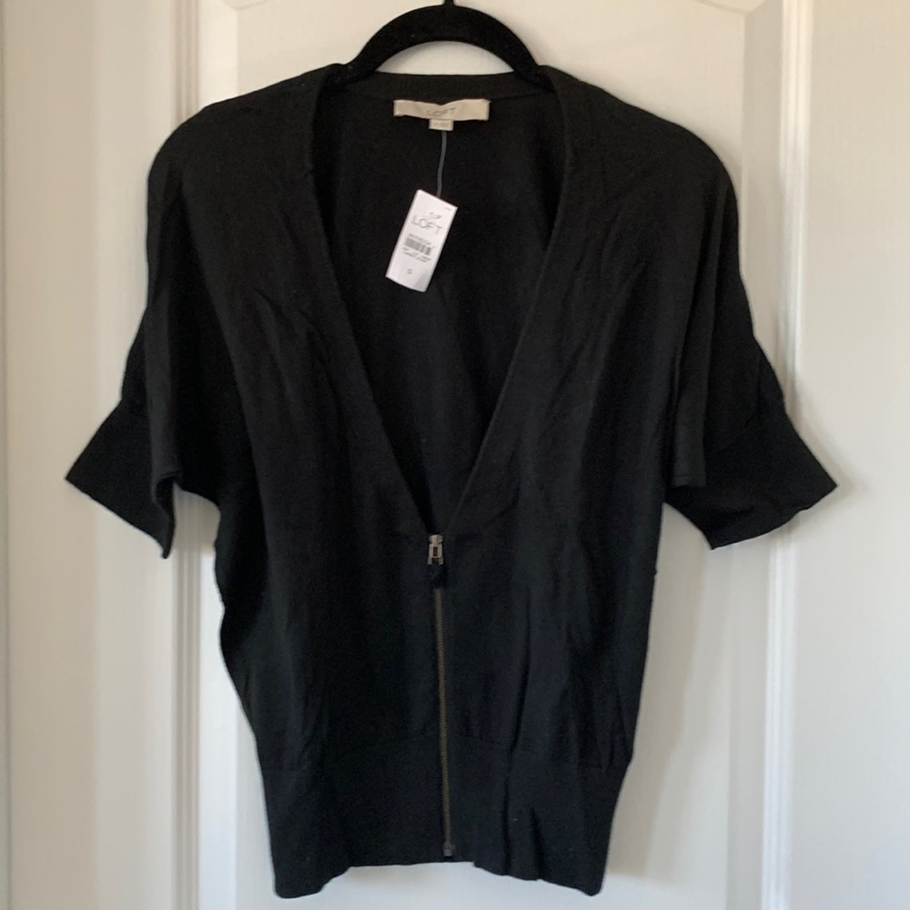 NWT LOFT Black 100% Pima Cotton Short Sleeves Knit Deep V-neck Zipper Top Size S